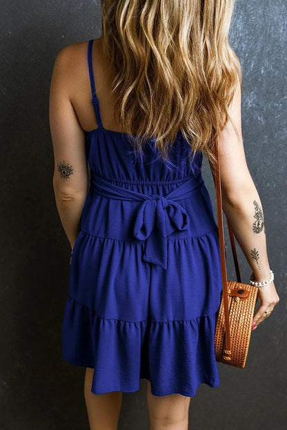 Dresses/Mini Dresses Dark Blue Spaghetti Straps Knot Waist Tiered Mini Dress