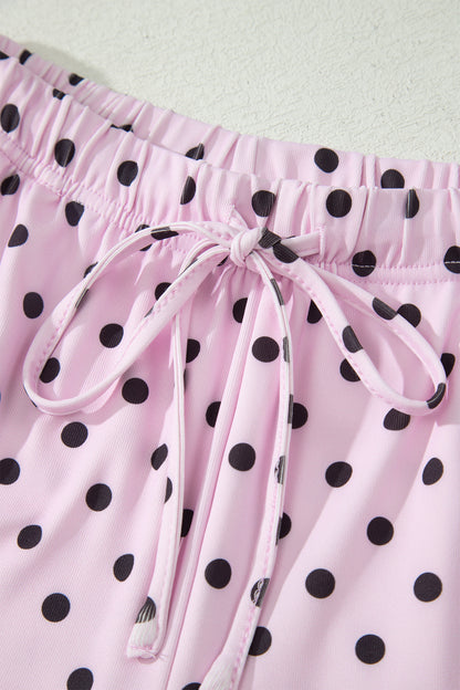 Pink Polka Dot Halter Tank Drawstring Elastic Waist Short Set