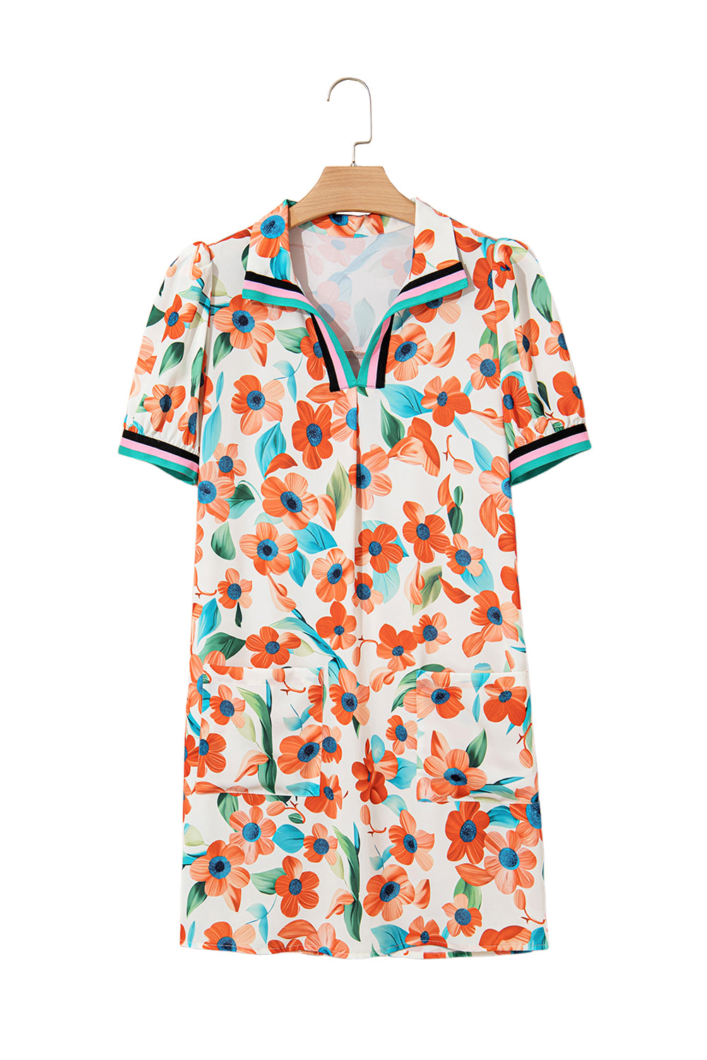 Orange Contrast Trim Floral Split Neck Puff Short Sleeve Tiered Mini Dress