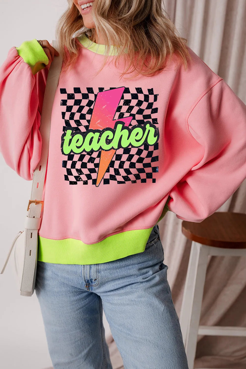 Pink Teacher Lightning Checkered Print Color Block Sweatshirt - Chic Meadow Boutique 