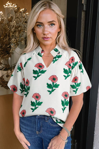Beige Floral Print Shirred Split Neck Short Sleeve Blouse