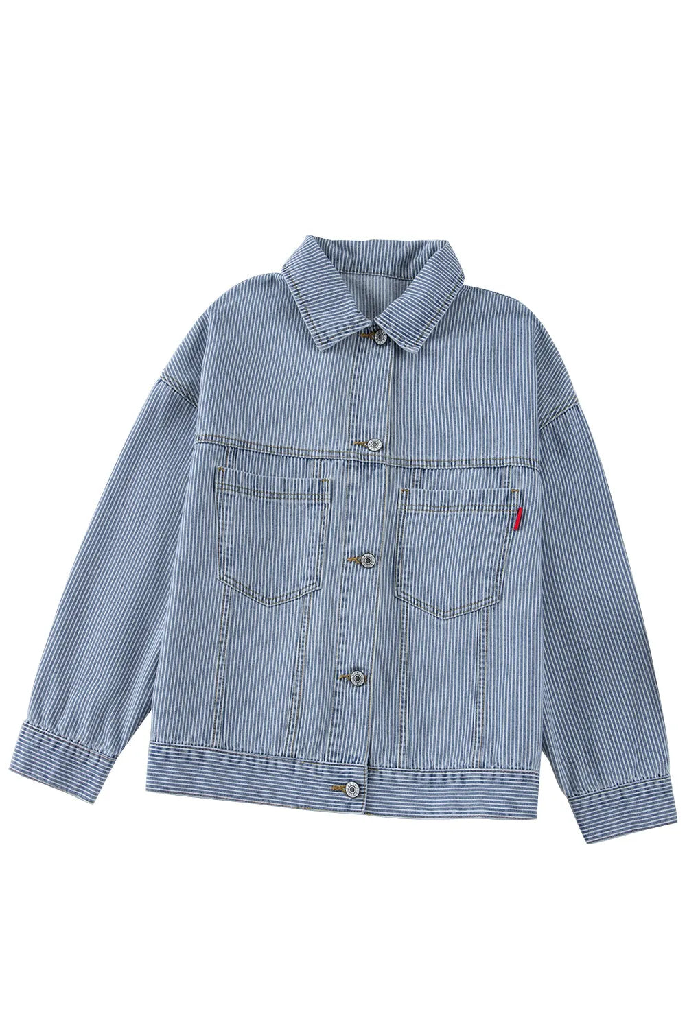 Sky Blue Stripe Washed Oversize Pocketed Denim Jacket - Chic Meadow Boutique 