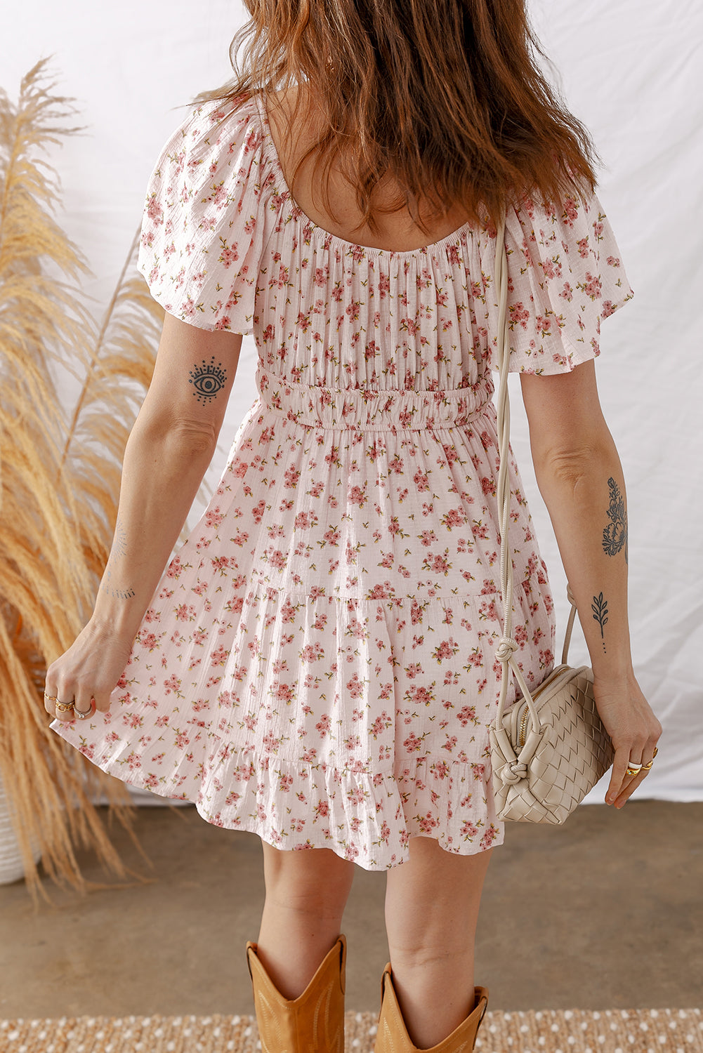 Pink Front Tie Shirred Waist Short Sleeve Ruffled Floral Mini Dress
