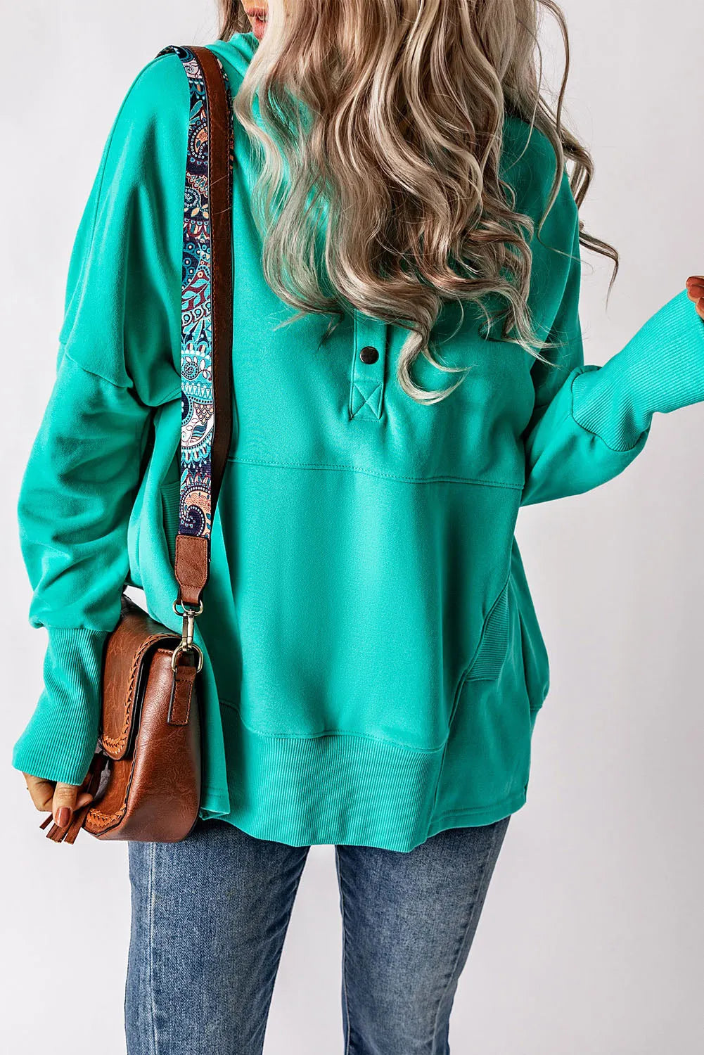 Turquoise Batwing Sleeve Pocketed Henley Hoodie - Chic Meadow Boutique 