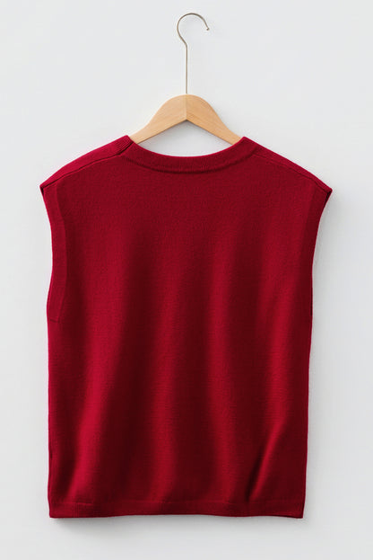 Racing Red Solid Color Crew Neck Knit Cap Sleeve Sweater