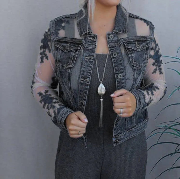 Denim Lace Jacket - Black - Chic Meadow Boutique 