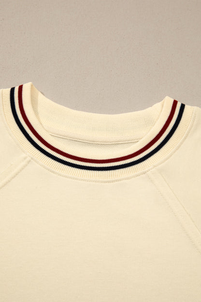 Beige Contrast Varsity Striped Neckline Cuffed Short Sleeve Loose Tunic Top