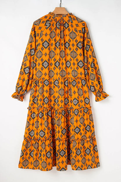 Orange Western Geometric Print Tiered Frilled Loose Fit Midi Dress - Chic Meadow Boutique 