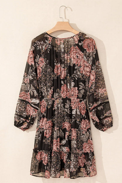 Black Vintage Floral Puff Sleeve V Neck Smock Waist Dress - Chic Meadow Boutique 