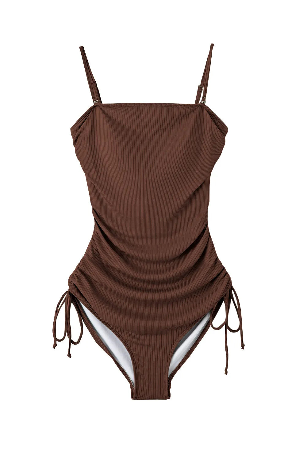 Coffee Ribbed Drawstring Sides Cutout One Piece Swimsuit - Chic Meadow Boutique 