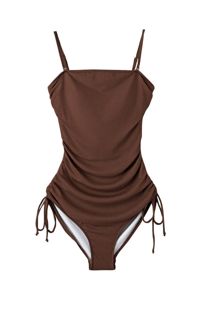 Coffee Ribbed Drawstring Sides Cutout One Piece Swimsuit - Chic Meadow Boutique 