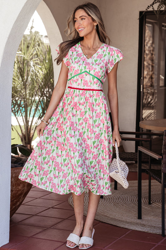 Pink Floral Print Contrast Trim V Neck Short Sleeve Elegant Midi Dress
