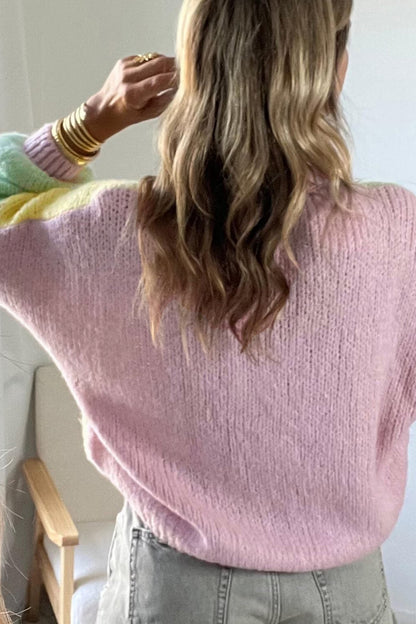 Yellow V Neck Drop Shoulder Patchwork Regular Wash Knitwear Cardigan