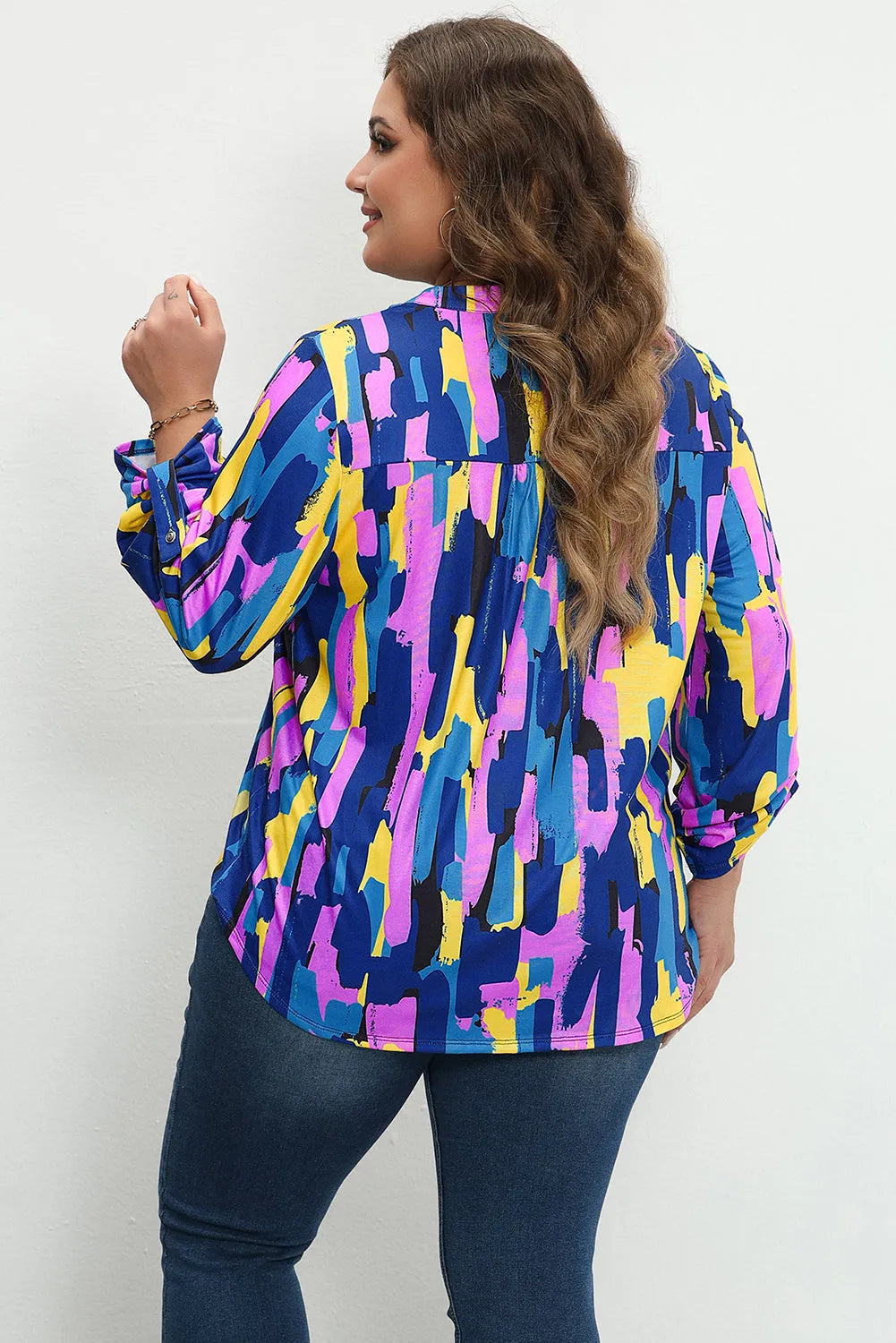 Blue Plus Size Brushstroke Print 3/4 Sleeve Blouse - Chic Meadow Boutique 