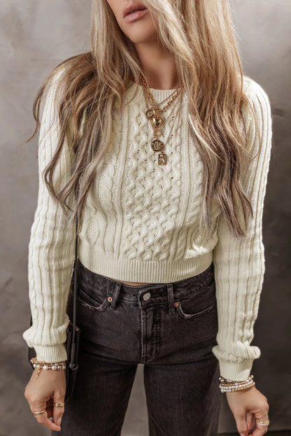 White Cable Knit Cropped Sweater - Chic Meadow Boutique 