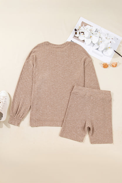 Dark Khaki Ribbed Balloon Sleeve Pullover Top and Biker Knitted Short Set