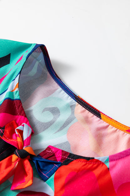 Red Abstract Floral Print Front Tied Puff Sleeve Babydoll Blouse