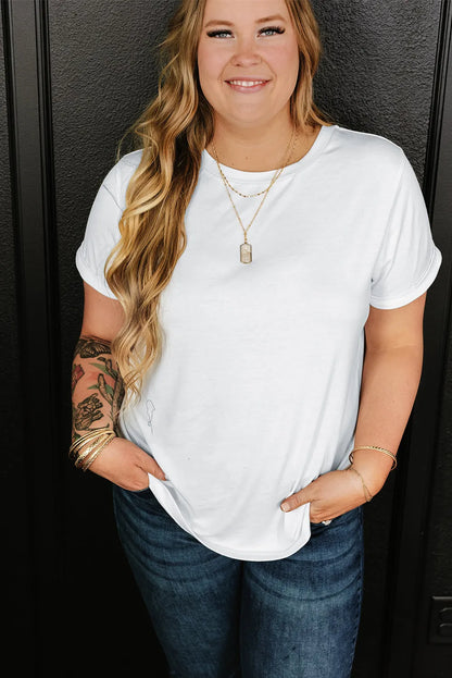 White Round Neck Rolled Sleeve Plus Size T-shirt - Chic Meadow Boutique 