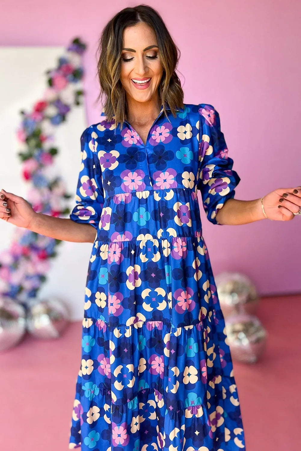 Blue Floral Peasant Sleeve Tiered Ruffle Midi Dress - Chic Meadow Boutique 