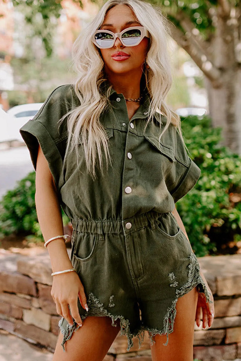 Moss Green Distressed Frayed Denim Romper - Chic Meadow Boutique 