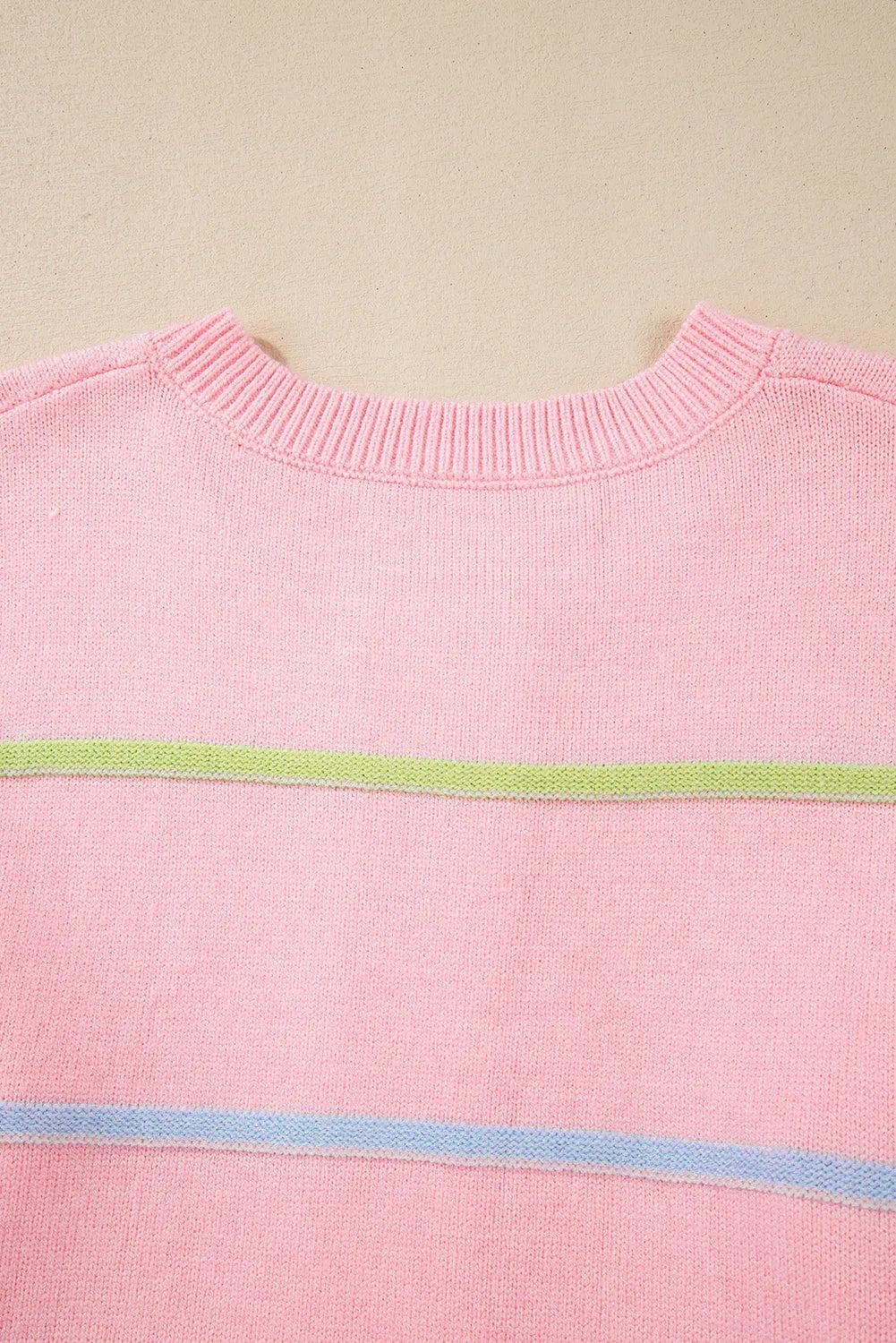 Sweaters & Cardigans/Sweaters Pink Rainbow Stripes Drop Shoulder Baggy Henley Sweater