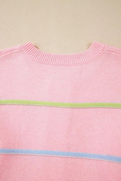 Sweaters & Cardigans/Sweaters Pink Rainbow Stripes Drop Shoulder Baggy Henley Sweater