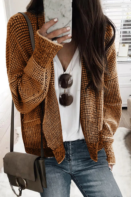 Brown Chunky Waffle Knit Oversized Collar Cardigan - Chic Meadow Boutique 