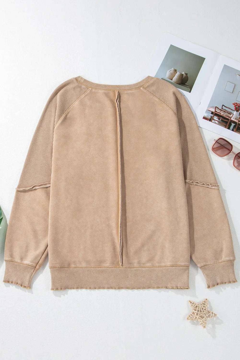 Light French Beige Solid Waffle Knit Patchwork Raglan Sleeve Sweatshirt - Chic Meadow Boutique 