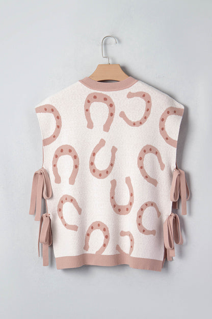 Beige Horse Shoe Western Print Tied Side Cap Sleeve Knitted T Shirt