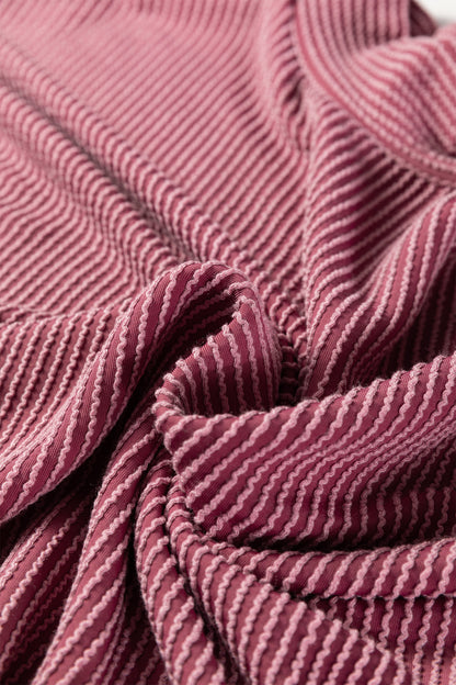 Burgundy Twisted Ribbed High Neck Loose Tee Elastic High Waist Loose Pant Set