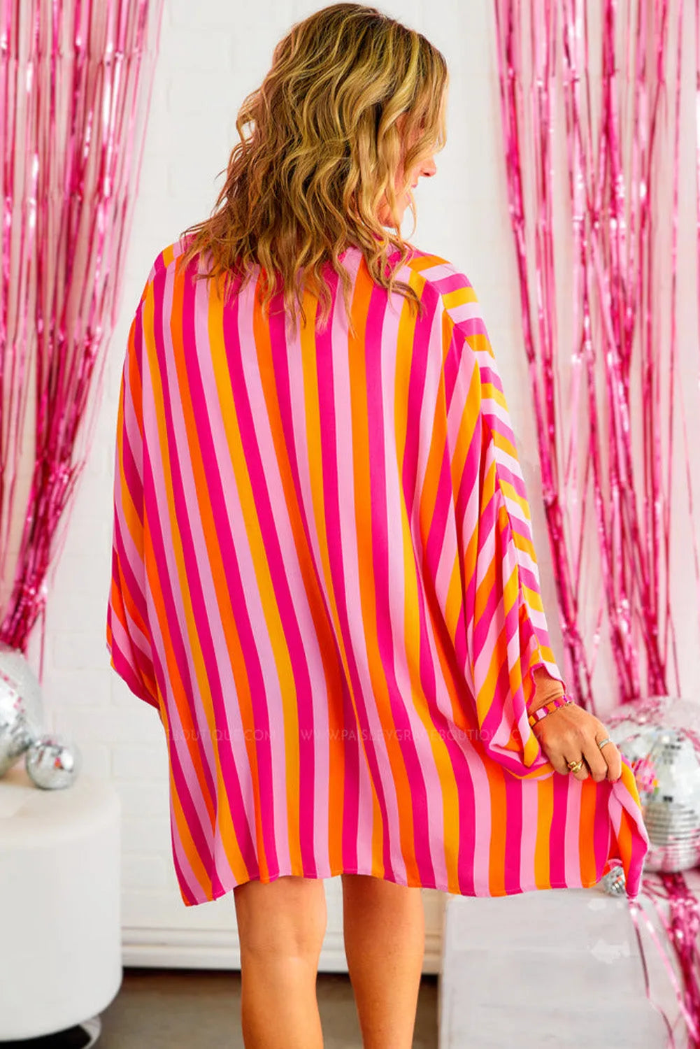 Rose Stripe Wide Sleeve Open Front Kimono - Chic Meadow Boutique 