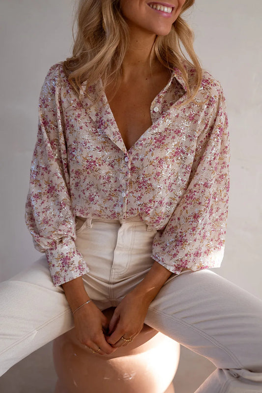 Tops/Blouses & Shirts Pink / S / 100%Polyester Pink Floral Print Bishop Sleeve Collared V Neck Shirt