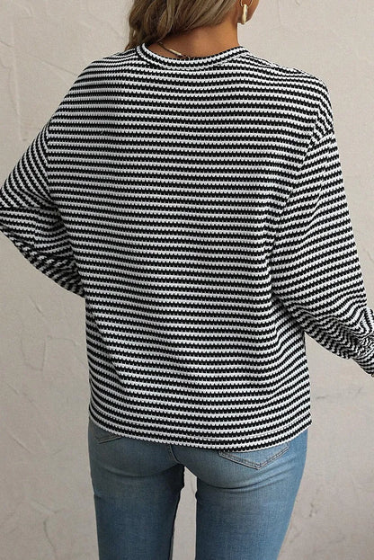 Black Stripe Round Neck Drop Shoulder Long Sleeve Top - Chic Meadow Boutique 