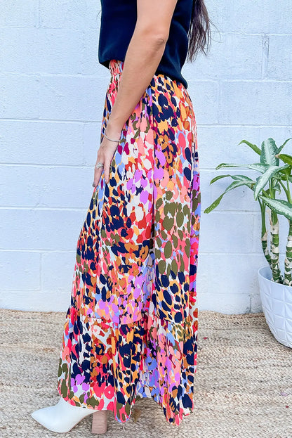 White Abstract Floral Print Ruffled High Waist Maxi Skirt - Chic Meadow Boutique 