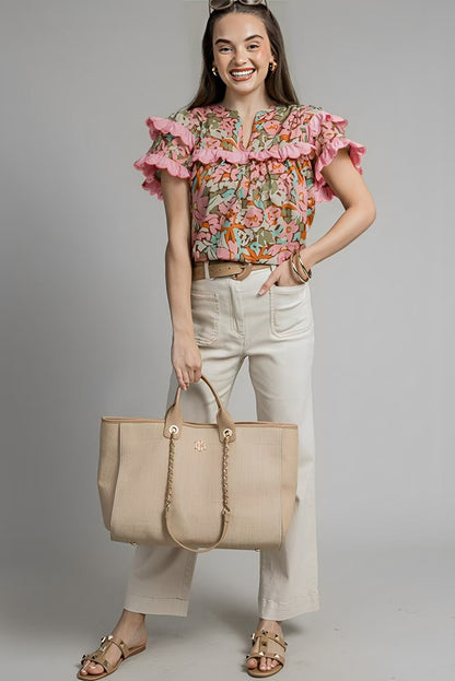 Multicolour Floral Tiered Ruffled Short Sleeve Blouse