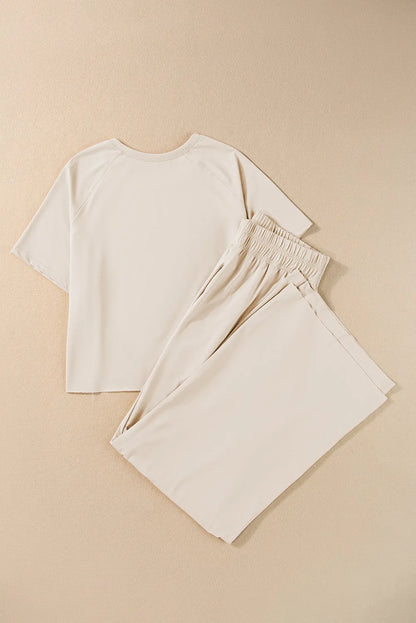 White Raw Hem Loose Tee and Wide Leg Pants Set - Chic Meadow Boutique 