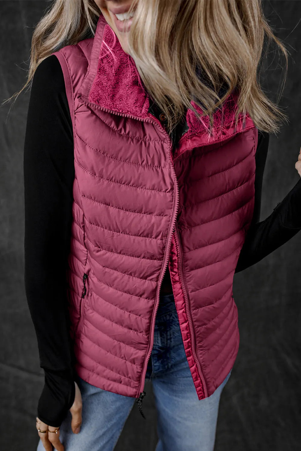 Burgundy Plush Collared Quilted Zipped Puffer Vest - Chic Meadow Boutique 