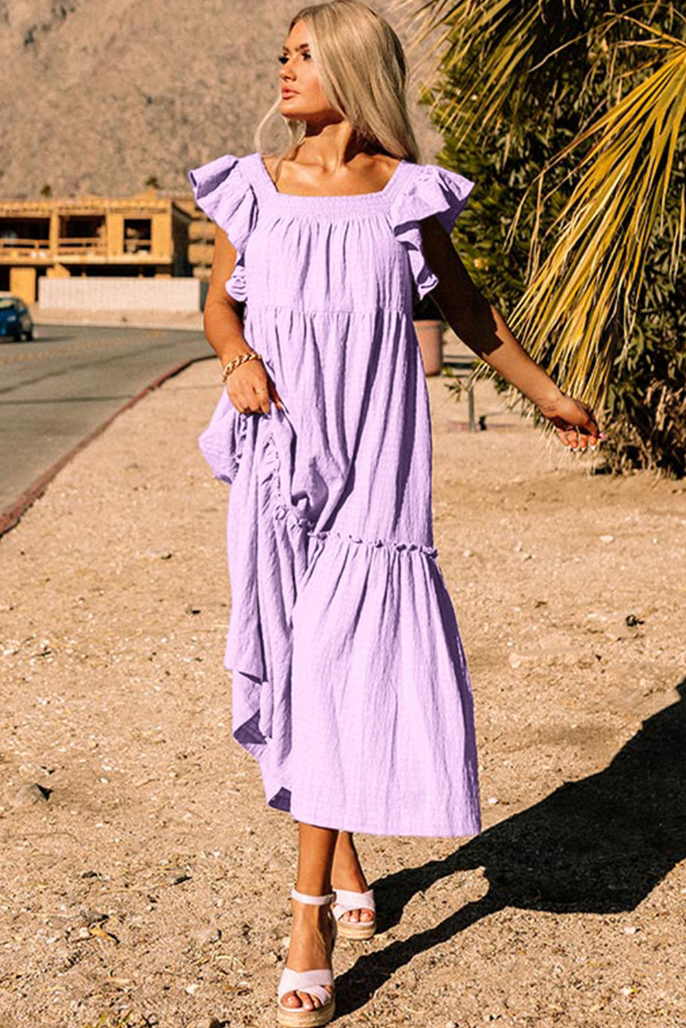 Purple Ruffled Flutter Sleeve Square Neck Textured Tiered Maxi Dress