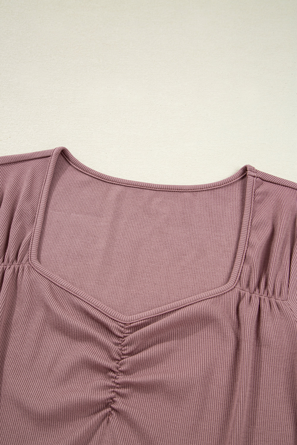 Old Rose Gathered Bust Square Neck Ribbed Fit Long Sleeve Top