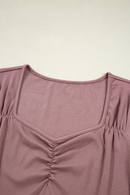 Old Rose Gathered Bust Square Neck Ribbed Fit Long Sleeve Top