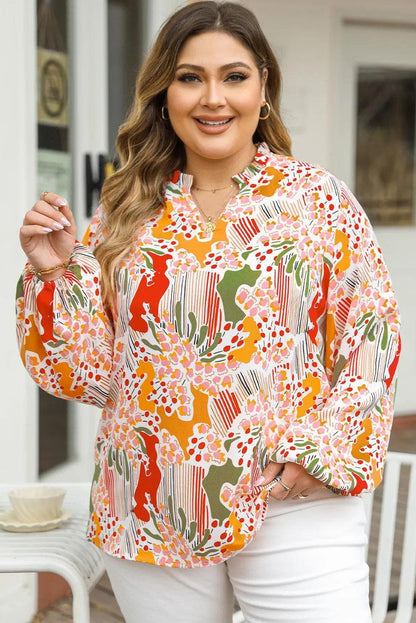 Plus Size/Plus Size Tops/Plus Size Blouses & Shirts Orange Printed Floral Abstract Print Frilled V Neck Plus Size Blouse