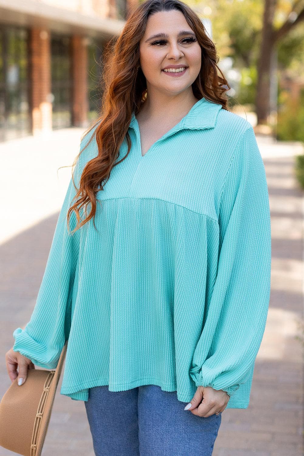 Plus Size/Plus Size Tops/Plus Size Long Sleeve Tops Turquoise Cordrd Balloon Sleeve Collar Plus Babydoll Top