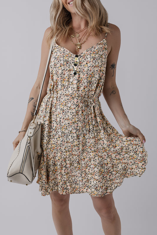 Khaki Boho Floral Printed Tie Waist Flared Sundress