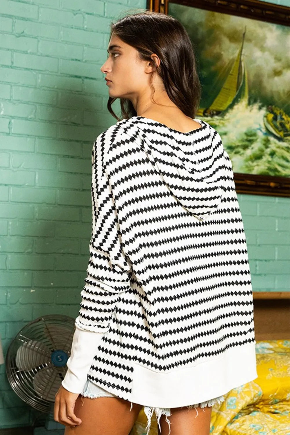 Black Stripe Argyle Striped Half Button Oversized Hoodie - Chic Meadow Boutique 