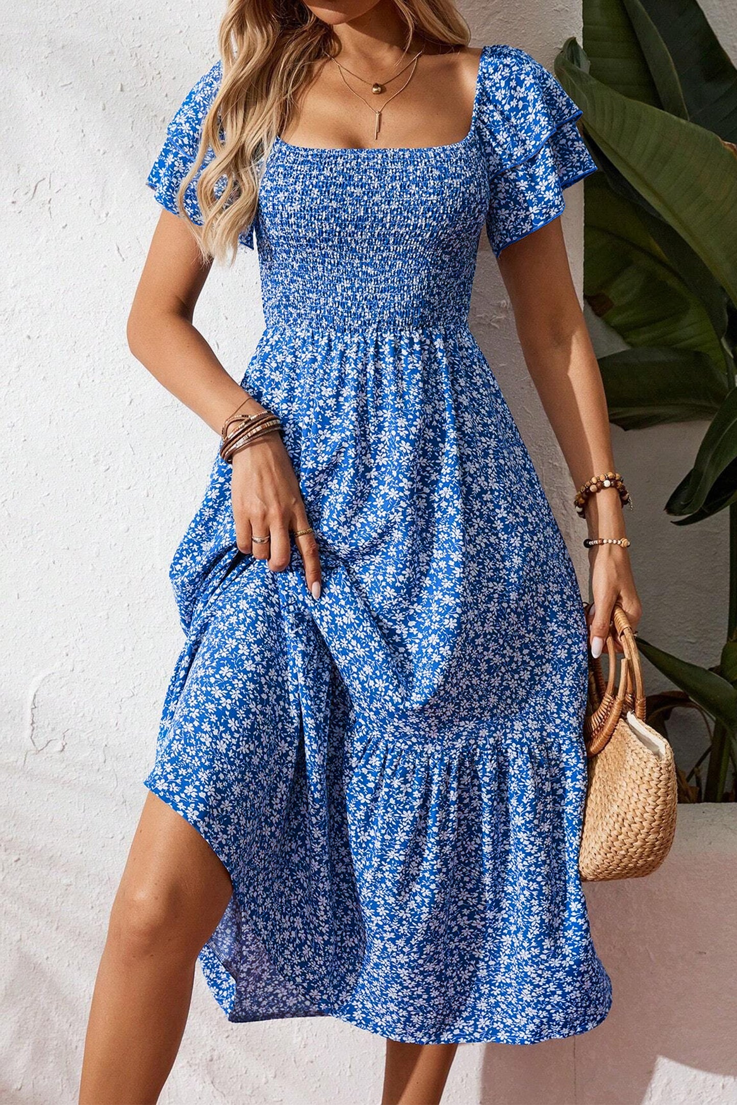 Blue Ditsy Floral Print Smocked Square Neck Ruffle Short Sleeve Dress