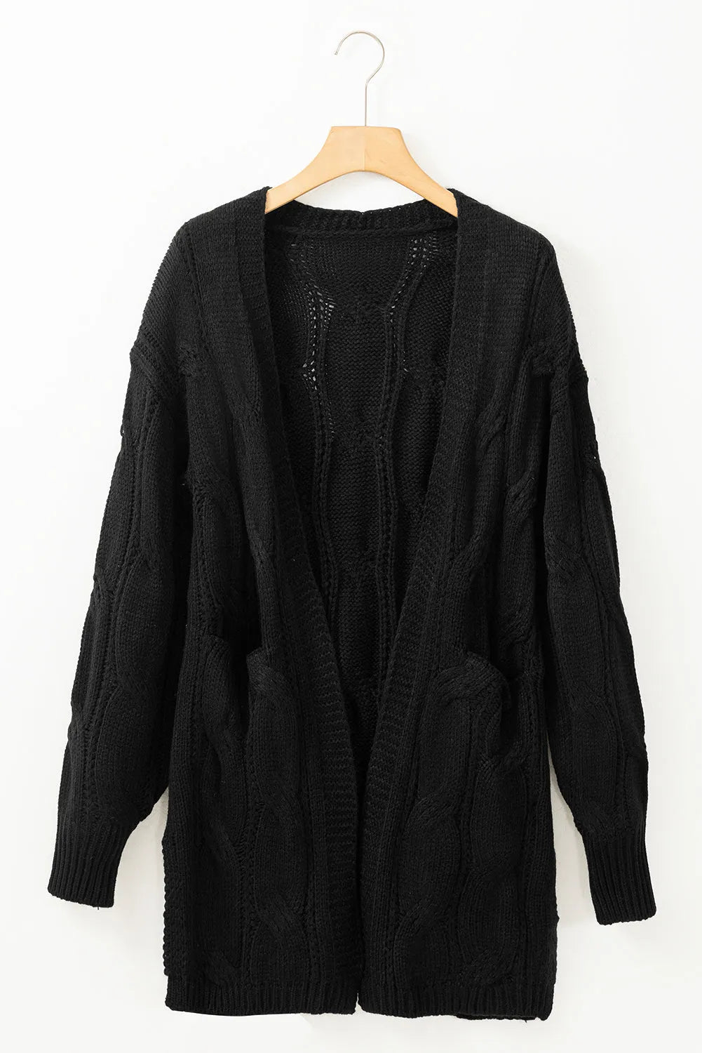 Black Ribbed Trim Eyelet Cable Knit Cardigan - Chic Meadow Boutique 