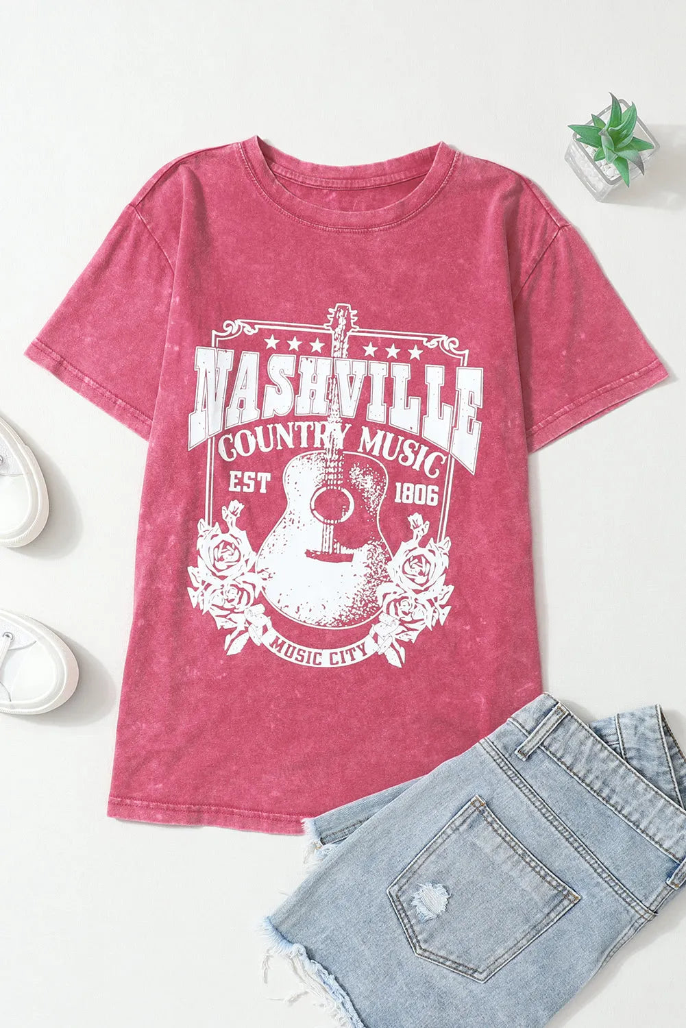 Fiery Red Nashville Music City Graphic Mineral Washed Tee - Chic Meadow Boutique 