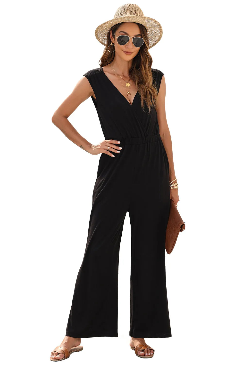 Black Deep V Pleated Crisscross Wide Leg Backless Jumpsuit - Chic Meadow Boutique 