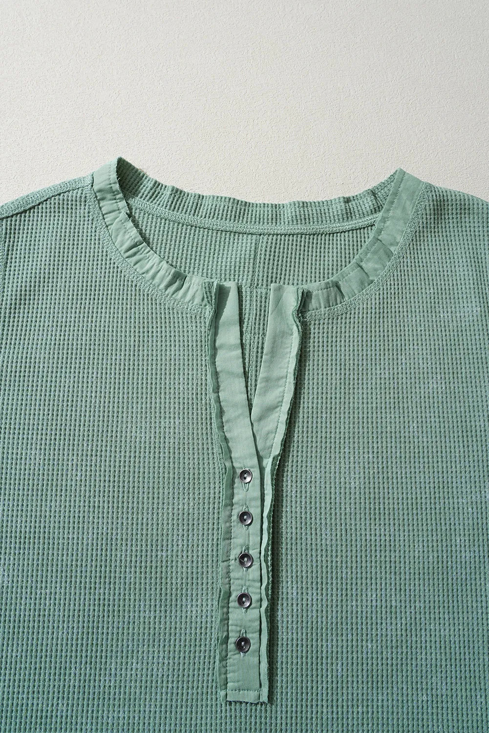 Smoke Green Acid Wash Waffle Knit Buttoned Neckline Long Sleeve Top - Chic Meadow Boutique 