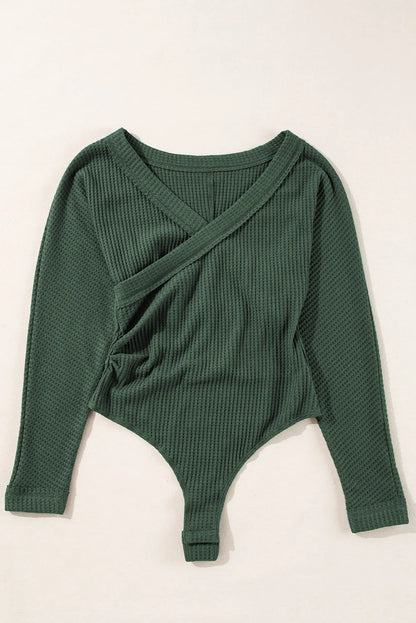 Blackish Green Ribbed Knit Slim Fit Wrap V Neck Bodysuit - Chic Meadow Boutique 